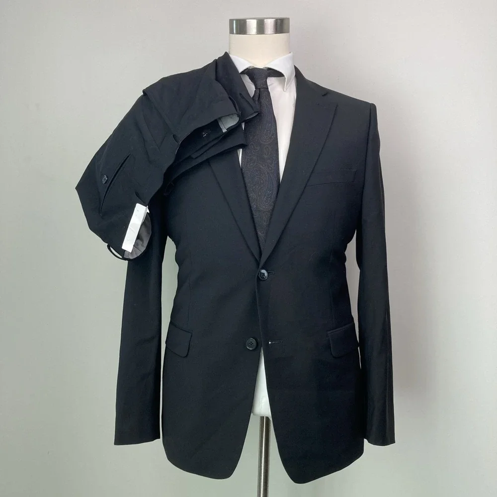 Calvin Klein Mens Skinny-fit 2-pc Suit Jacket Black Solid‎ Wool 44R Pants 38x34